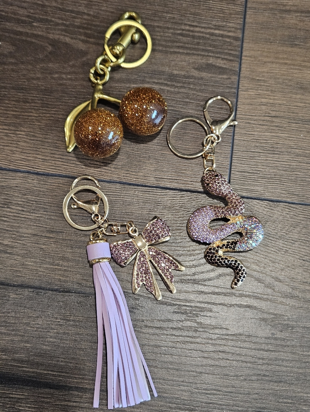NEW Bag Charm Trio Tassel & Bow, Iridescent Snake, Vegan Leather Dog Flower